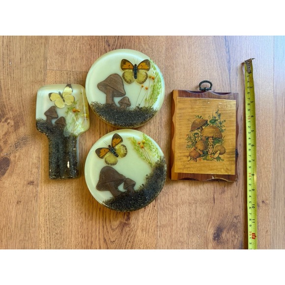 Vtg Acrylic Resin Lucite Trivet Set (2) + Spoon Rest + Wooden Mushroom Wall Art - Picture 16 of 16